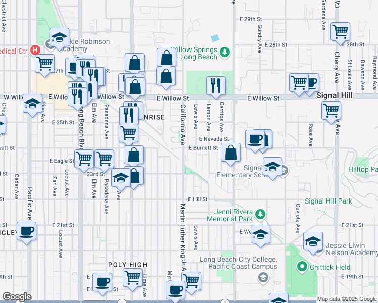 map of restaurants, bars, coffee shops, grocery stores, and more near 1015 East Burnett Street in Signal Hill
