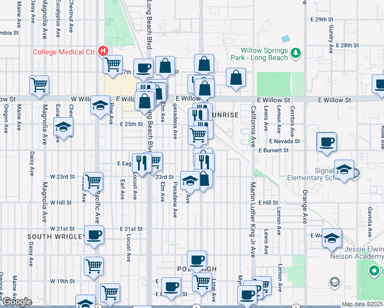map of restaurants, bars, coffee shops, grocery stores, and more near 2411 Linden Avenue in Long Beach