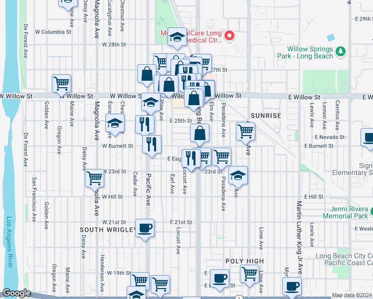 map of restaurants, bars, coffee shops, grocery stores, and more near 215 East Burnett Street in Long Beach