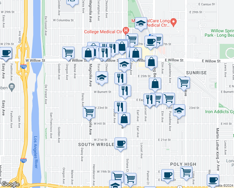 map of restaurants, bars, coffee shops, grocery stores, and more near 2401 Pacific Avenue in Long Beach
