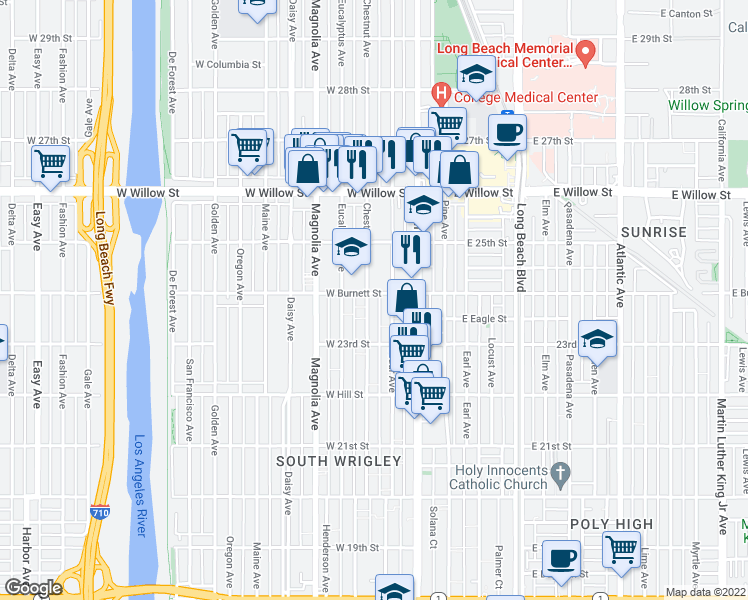 map of restaurants, bars, coffee shops, grocery stores, and more near 323 West Burnett Street in Long Beach