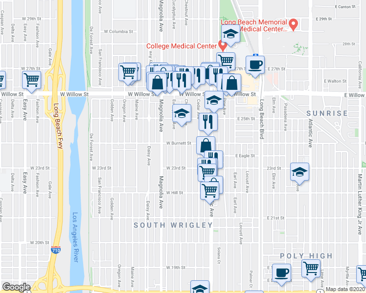 map of restaurants, bars, coffee shops, grocery stores, and more near 323 West Burnett Street in Long Beach