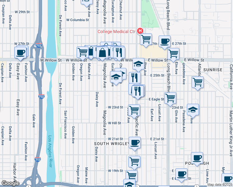 map of restaurants, bars, coffee shops, grocery stores, and more near 2415 Eucalyptus Avenue in Long Beach