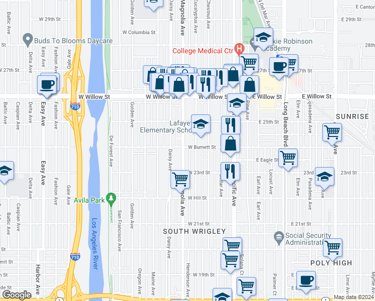 map of restaurants, bars, coffee shops, grocery stores, and more near 2415 Eucalyptus Avenue in Long Beach