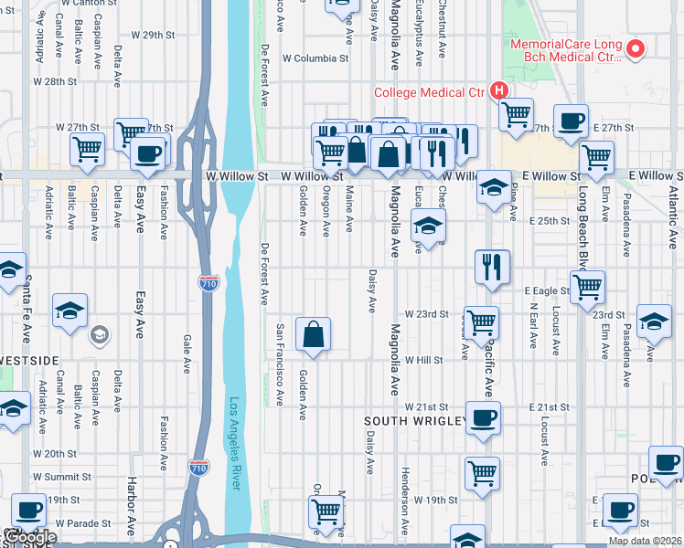 map of restaurants, bars, coffee shops, grocery stores, and more near 2410 Maine Avenue in Long Beach