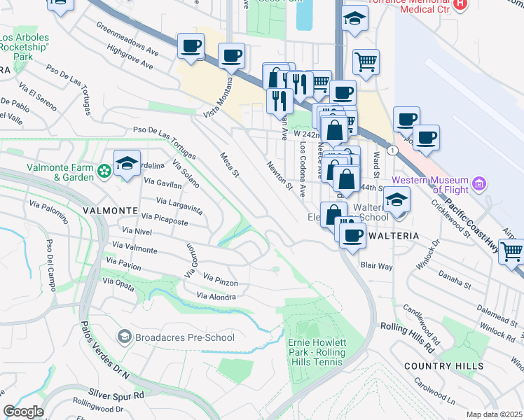 map of restaurants, bars, coffee shops, grocery stores, and more near 3923 Mesa Street in Torrance