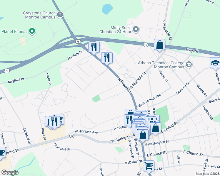 map of restaurants, bars, coffee shops, grocery stores, and more near 134 Nowell Street in Monroe