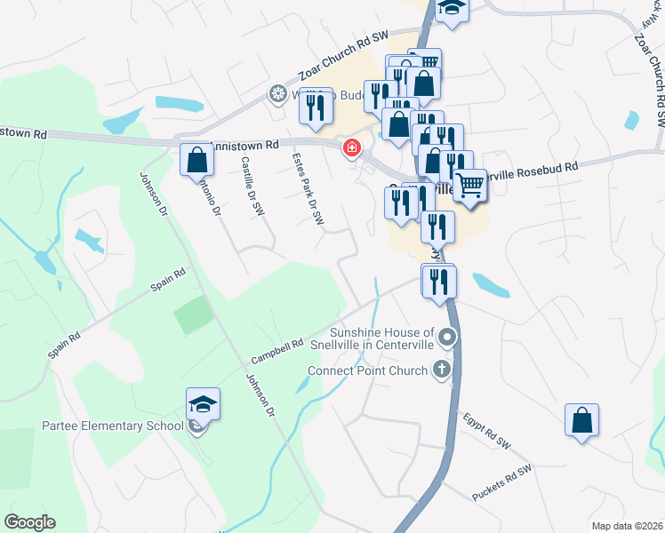 map of restaurants, bars, coffee shops, grocery stores, and more near 3555 Broxton Lane in Snellville