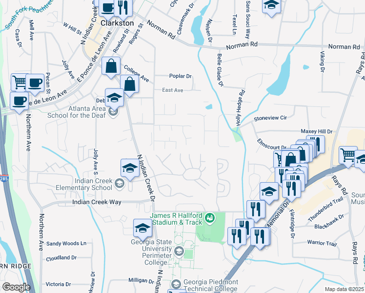 map of restaurants, bars, coffee shops, grocery stores, and more near 782 Ridgeland Trail in Clarkston
