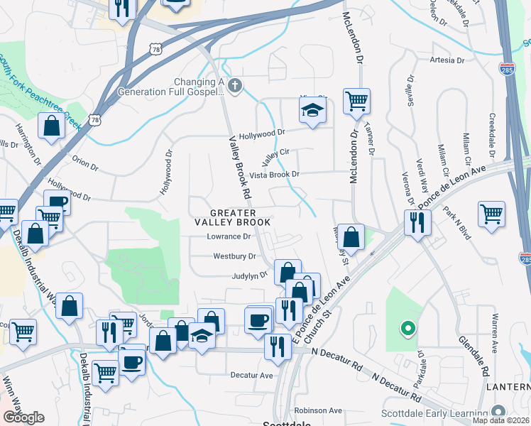 map of restaurants, bars, coffee shops, grocery stores, and more near 3167 Stonewyck Place in Decatur