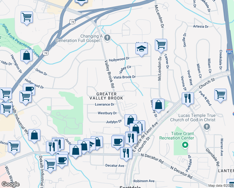 map of restaurants, bars, coffee shops, grocery stores, and more near 3150 Stonewyck Place in Decatur
