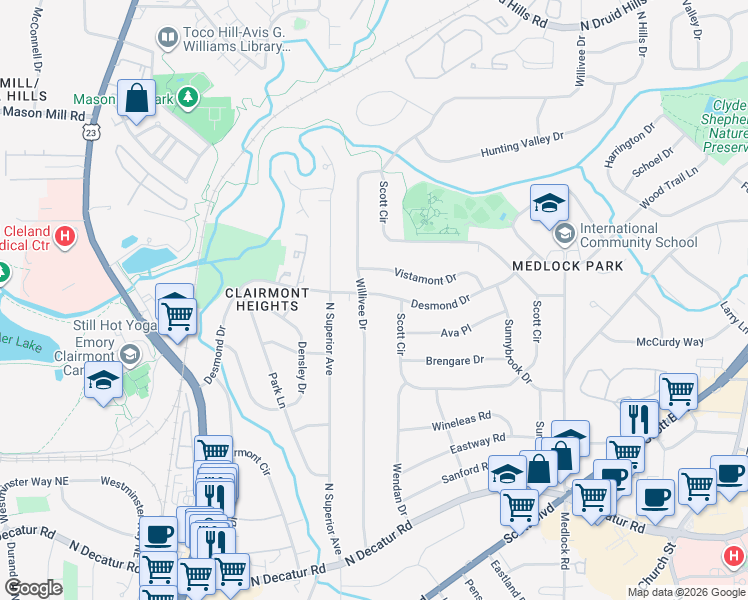 map of restaurants, bars, coffee shops, grocery stores, and more near 2221 Desmond Drive in Decatur