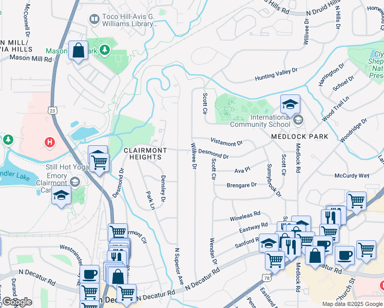 map of restaurants, bars, coffee shops, grocery stores, and more near 2205 Desmond Drive in Decatur