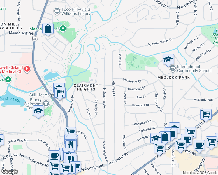 map of restaurants, bars, coffee shops, grocery stores, and more near 2195 Desmond Drive in Decatur