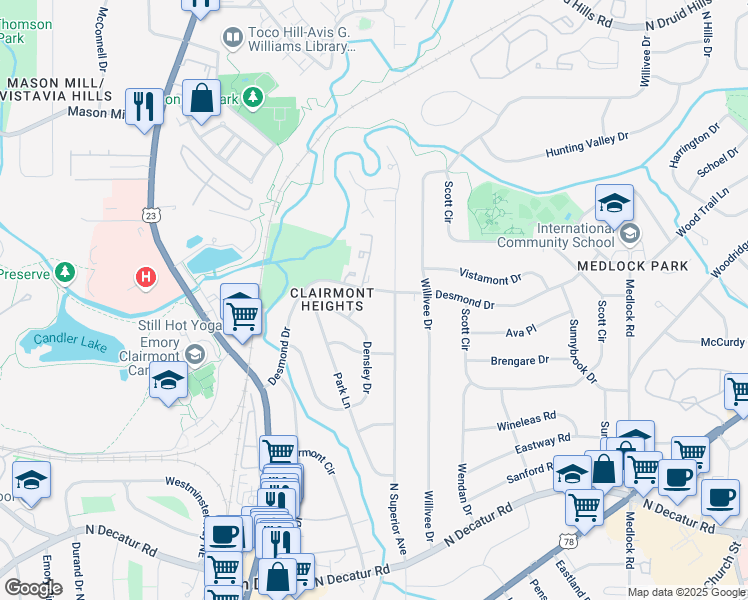 map of restaurants, bars, coffee shops, grocery stores, and more near 2151 Desmond Drive in Decatur