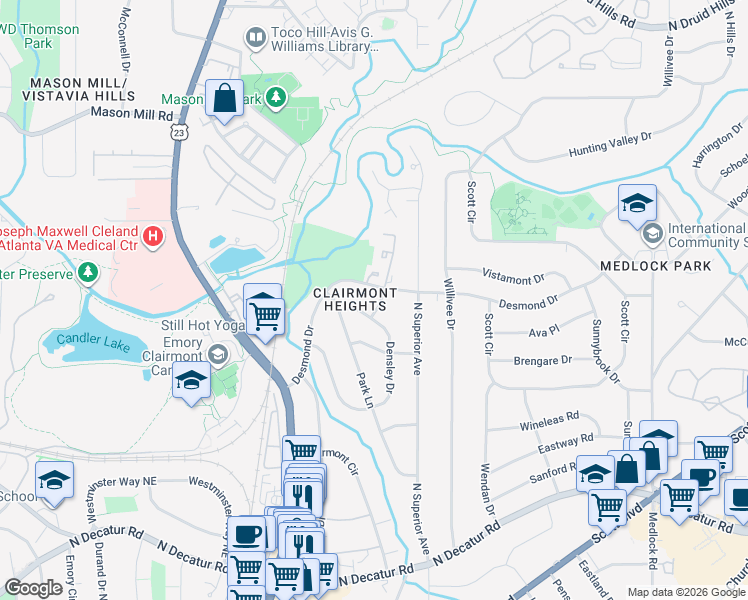 map of restaurants, bars, coffee shops, grocery stores, and more near 817 Heritage Square in Decatur