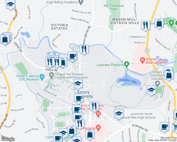 map of restaurants, bars, coffee shops, grocery stores, and more near 761 Houston Mill Road Northeast in Atlanta