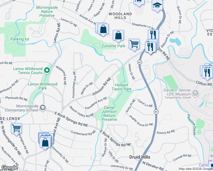 map of restaurants, bars, coffee shops, grocery stores, and more near 1738 Johnson Road Northeast in Atlanta