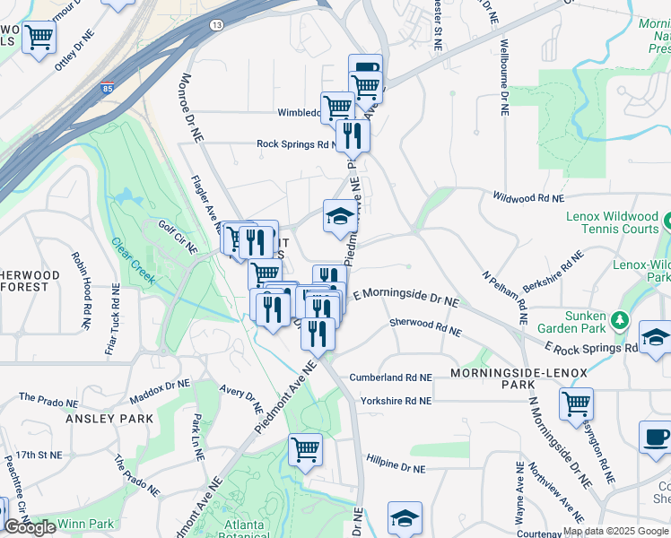 map of restaurants, bars, coffee shops, grocery stores, and more near 610 Greystone Park Northeast in Atlanta