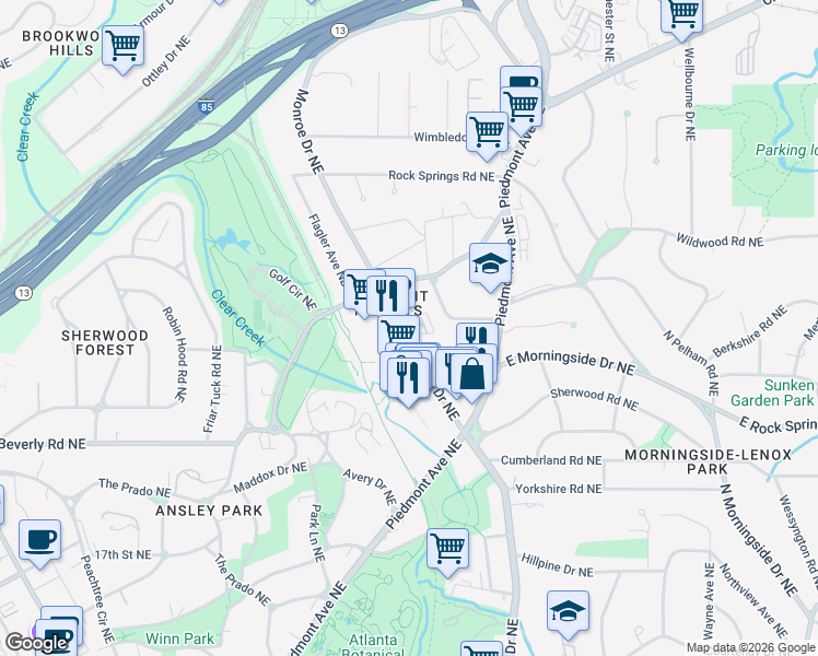 map of restaurants, bars, coffee shops, grocery stores, and more near 515 Ansley Circle Northeast in Atlanta