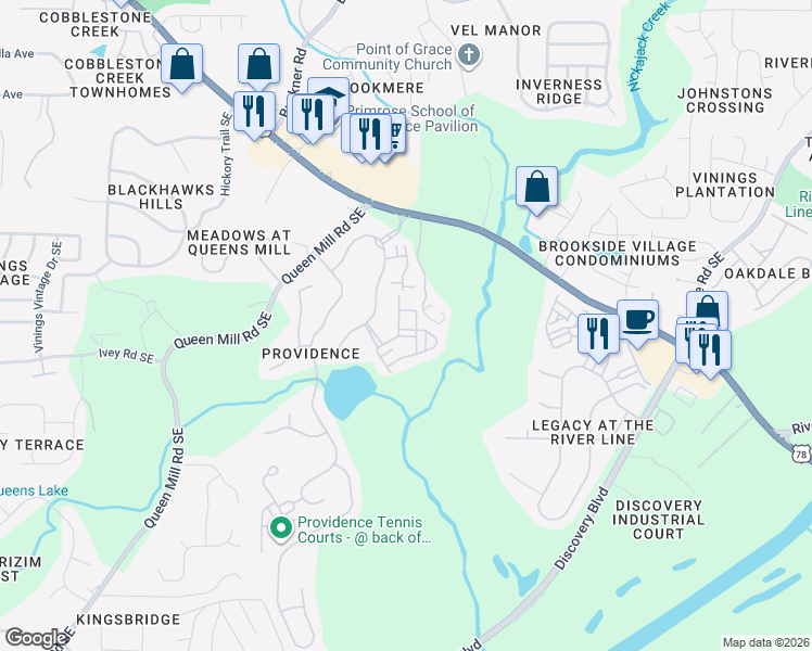 map of restaurants, bars, coffee shops, grocery stores, and more near 6337 Queens Court Trace in Mableton