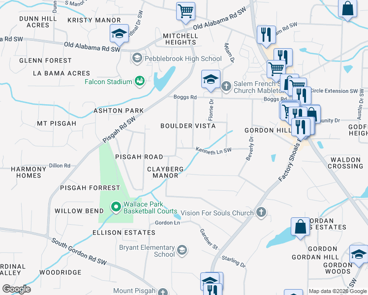 map of restaurants, bars, coffee shops, grocery stores, and more near 6282 Denny Lane Southwest in Mableton