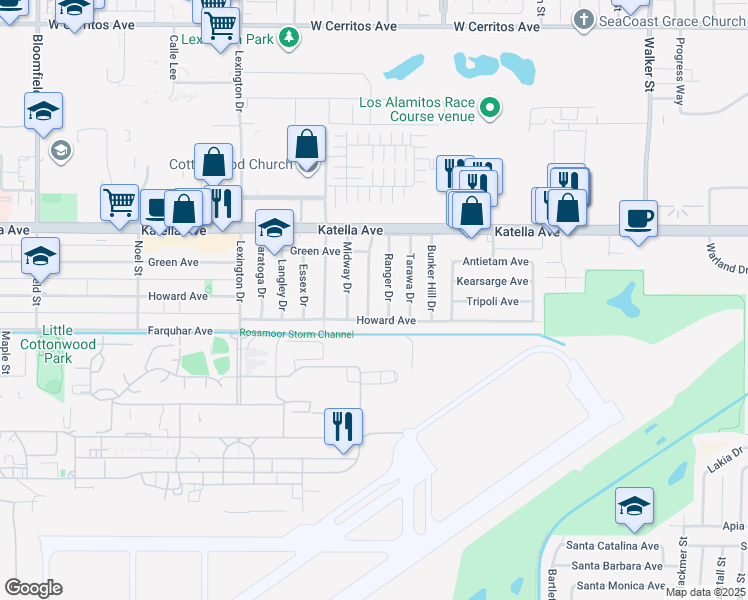 map of restaurants, bars, coffee shops, grocery stores, and more near 11152 Ticonderoga Drive in Los Alamitos