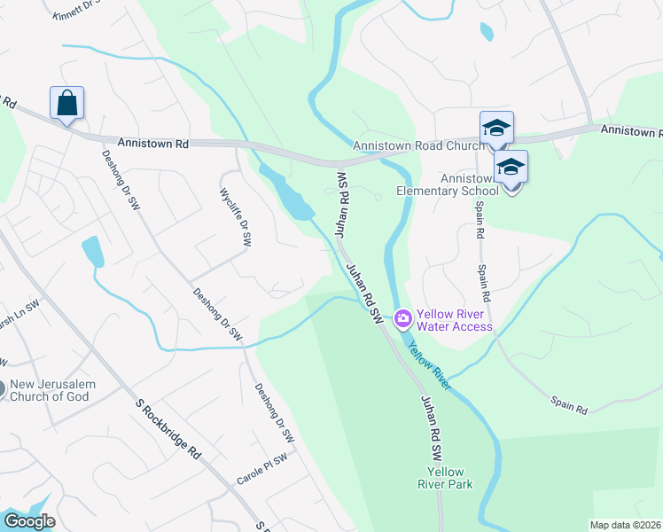 map of restaurants, bars, coffee shops, grocery stores, and more near 3125 Juhan Road Southwest in Stone Mountain