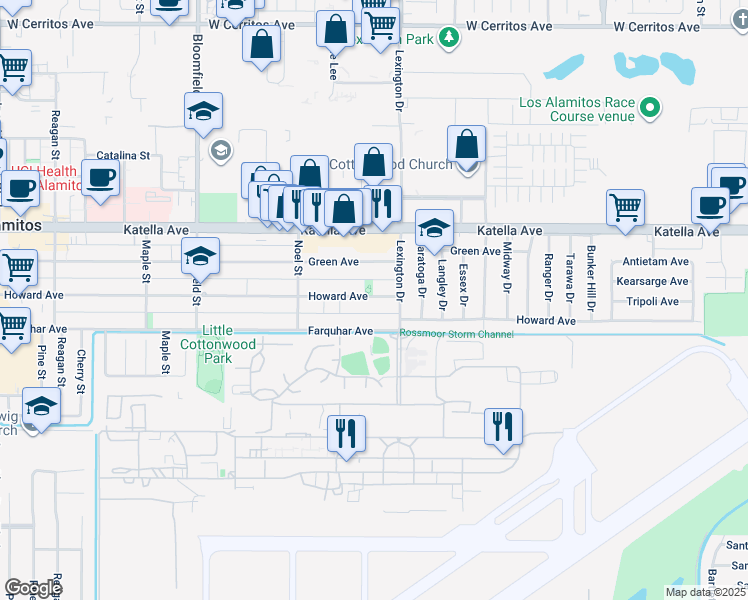 map of restaurants, bars, coffee shops, grocery stores, and more near 4422 Howard Avenue in Los Alamitos