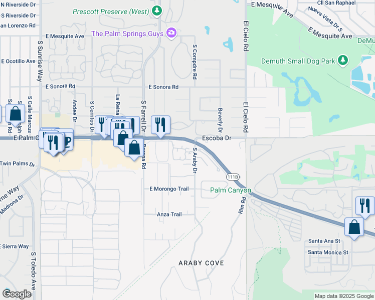map of restaurants, bars, coffee shops, grocery stores, and more near 2846 Belleza Court in Palm Springs