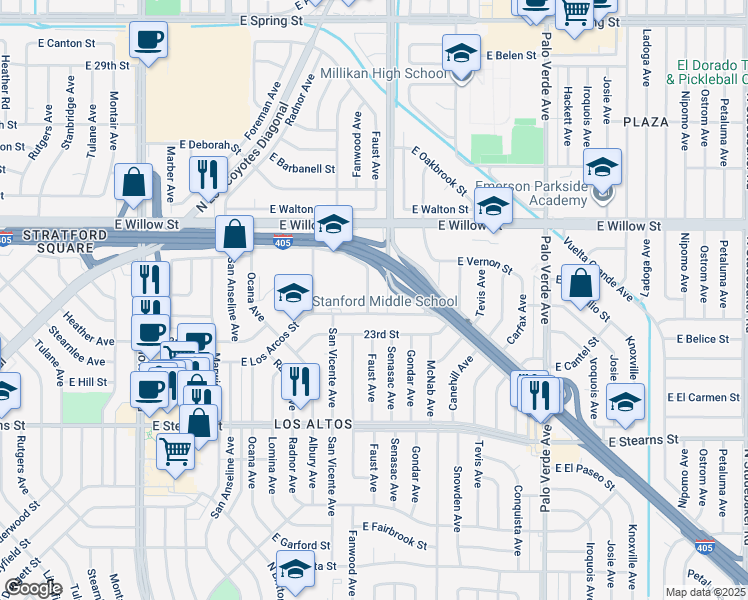 map of restaurants, bars, coffee shops, grocery stores, and more near 2340 Fanwood Avenue in Long Beach