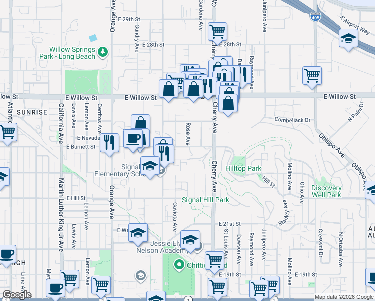 map of restaurants, bars, coffee shops, grocery stores, and more near 1790 East Burnett Street in Signal Hill