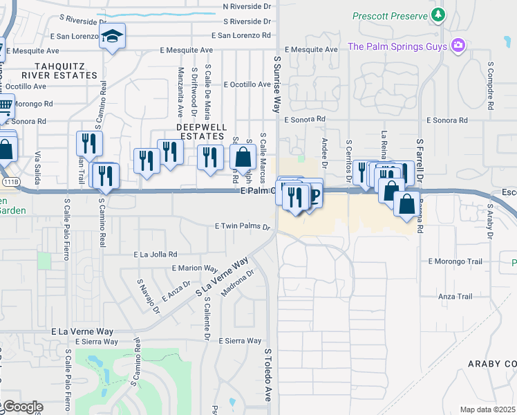 map of restaurants, bars, coffee shops, grocery stores, and more near 1655 East Palm Canyon Drive in Palm Springs