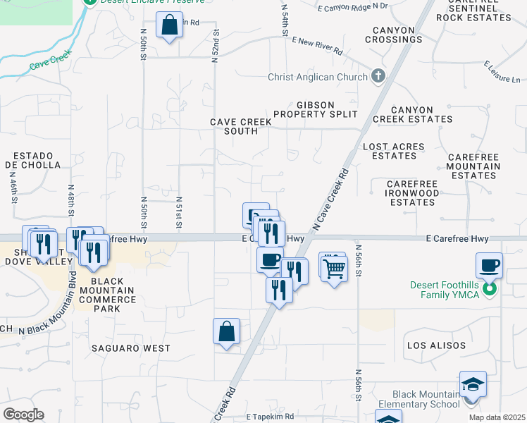 map of restaurants, bars, coffee shops, grocery stores, and more near 34643 North 53rd Street in Cave Creek