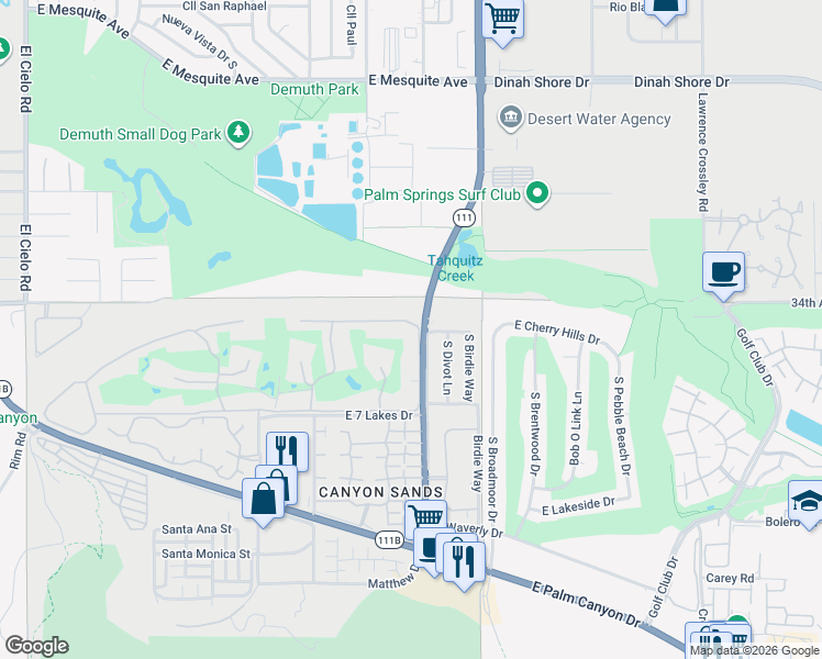 map of restaurants, bars, coffee shops, grocery stores, and more near 320 Desert Lakes Drive in Palm Springs