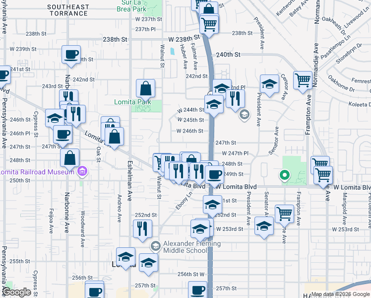 map of restaurants, bars, coffee shops, grocery stores, and more near 1808 247th Street in Lomita