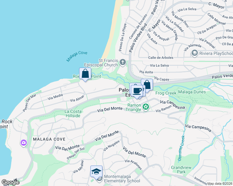 map of restaurants, bars, coffee shops, grocery stores, and more near 312 Vía Almar in Palos Verdes Estates