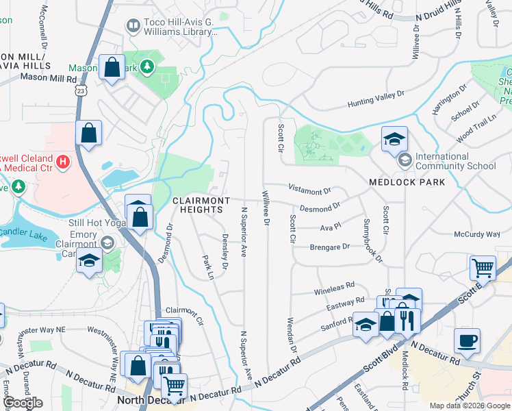 map of restaurants, bars, coffee shops, grocery stores, and more near 2195 Desmond Drive in Decatur