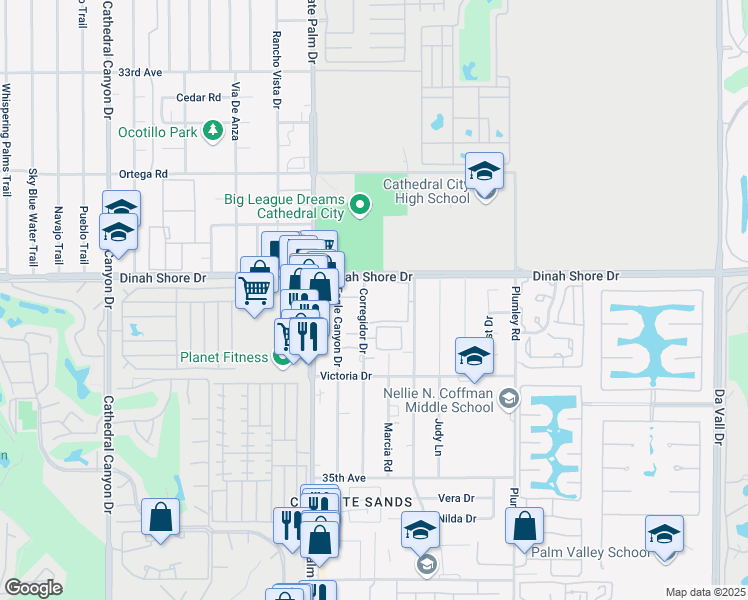 map of restaurants, bars, coffee shops, grocery stores, and more near 20 Corregidor Drive in Cathedral City