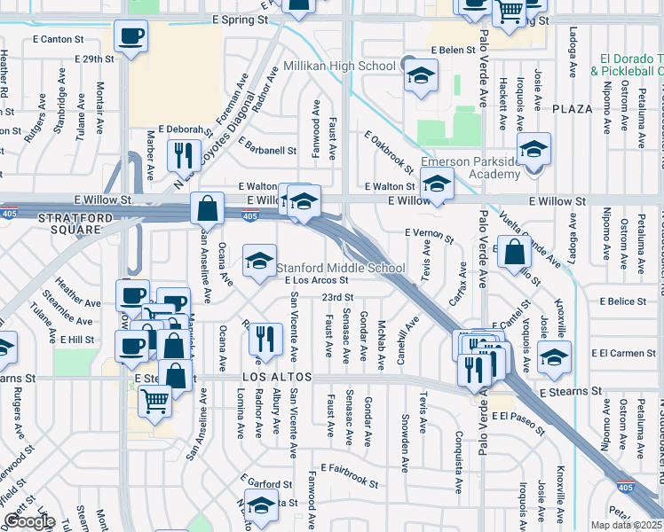 map of restaurants, bars, coffee shops, grocery stores, and more near 2340 Fanwood Avenue in Long Beach