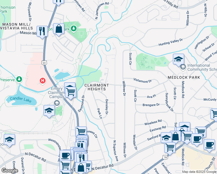 map of restaurants, bars, coffee shops, grocery stores, and more near 2151 Desmond Drive in Decatur