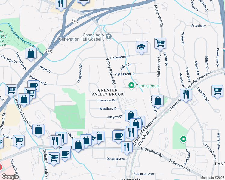 map of restaurants, bars, coffee shops, grocery stores, and more near 776 Valley Brook Road in Decatur