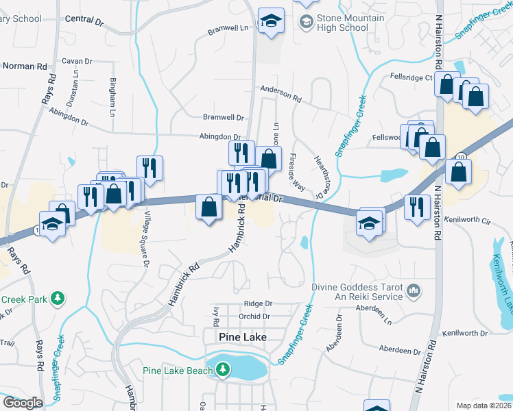 map of restaurants, bars, coffee shops, grocery stores, and more near 5681 Memorial Drive in Stone Mountain