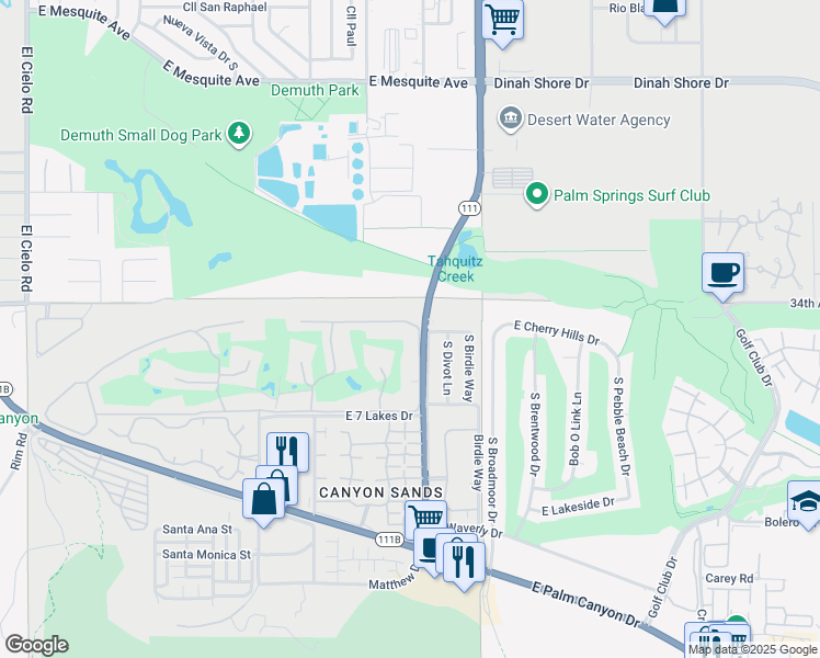 map of restaurants, bars, coffee shops, grocery stores, and more near 326 Desert Lakes Drive in Palm Springs