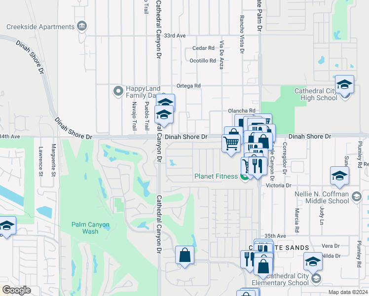 map of restaurants, bars, coffee shops, grocery stores, and more near 231 Settles Drive in Cathedral City