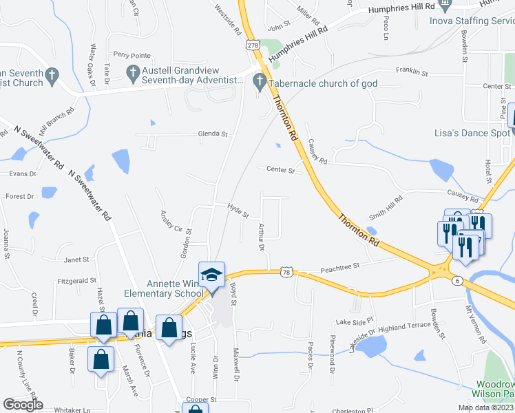 map of restaurants, bars, coffee shops, grocery stores, and more near 6357 Arthur Drive in Lithia Springs