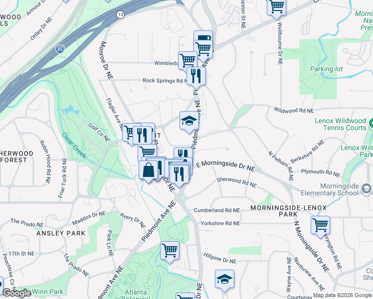 map of restaurants, bars, coffee shops, grocery stores, and more near 610 Greystone Park Northeast in Atlanta