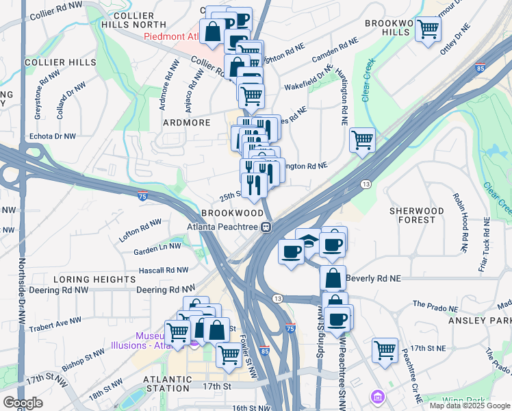 map of restaurants, bars, coffee shops, grocery stores, and more near 1718 Peachtree Street Northwest in Atlanta
