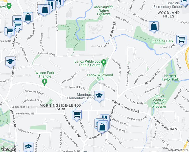 map of restaurants, bars, coffee shops, grocery stores, and more near 1676 West Sussex Road Northeast in Atlanta