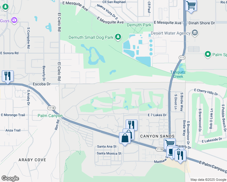 map of restaurants, bars, coffee shops, grocery stores, and more near 197 Desert Lakes Drive in Palm Springs